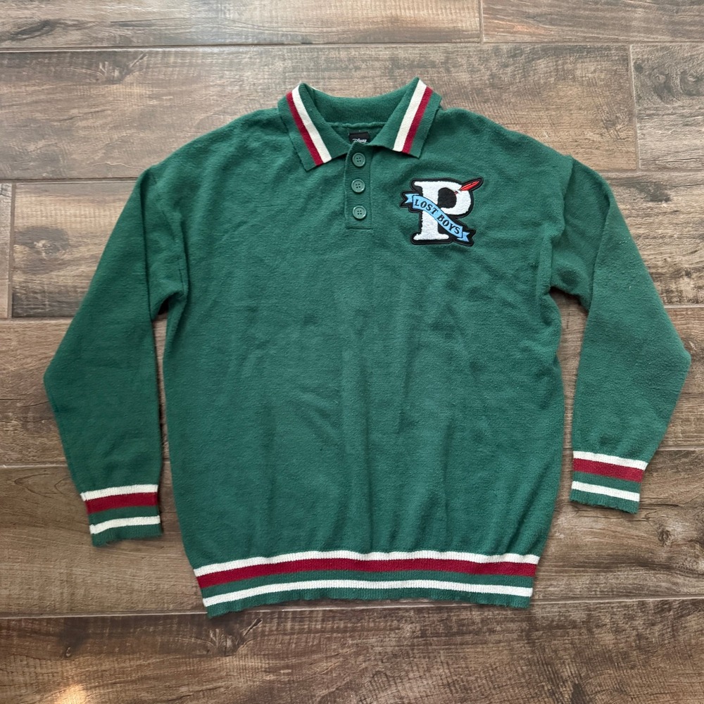 BoxLunch Disney Unisex Peter Pan‎ Letterman Patch Collared LS Sweater, Green, M